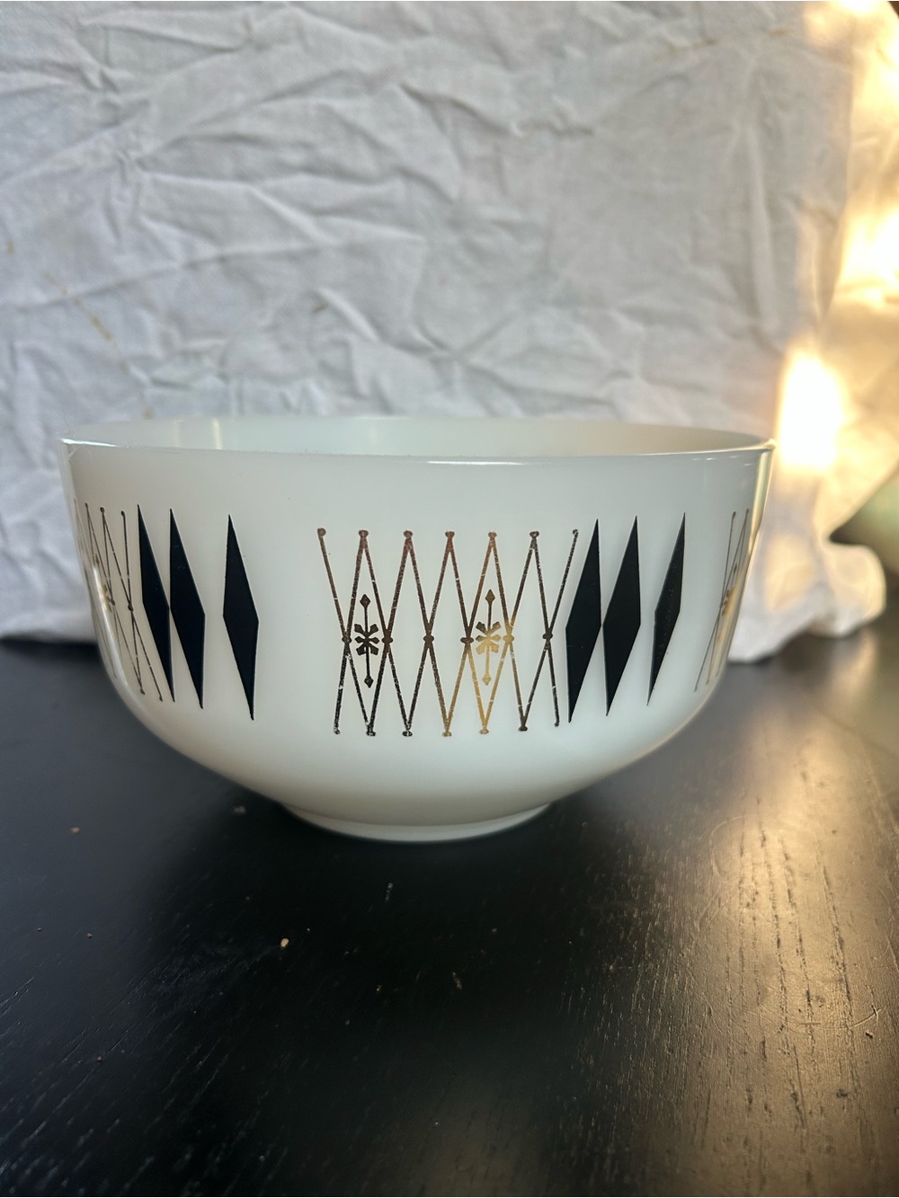 Mid-Century White Ceramic Bowl with Black and Gold Geometric Pattern
